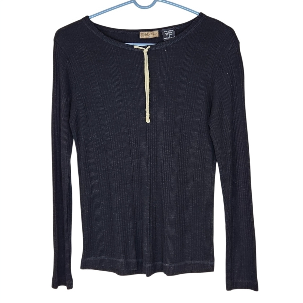 Street Wear By Carole Little Black Linen Blend Thermal Henley Size Small